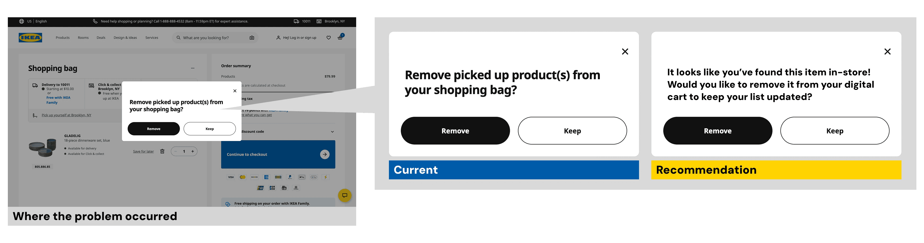 Current cart removal prompt 'Remove picked up product(s) from your shopping bag?' replaced with conversational language explaining the action in context.