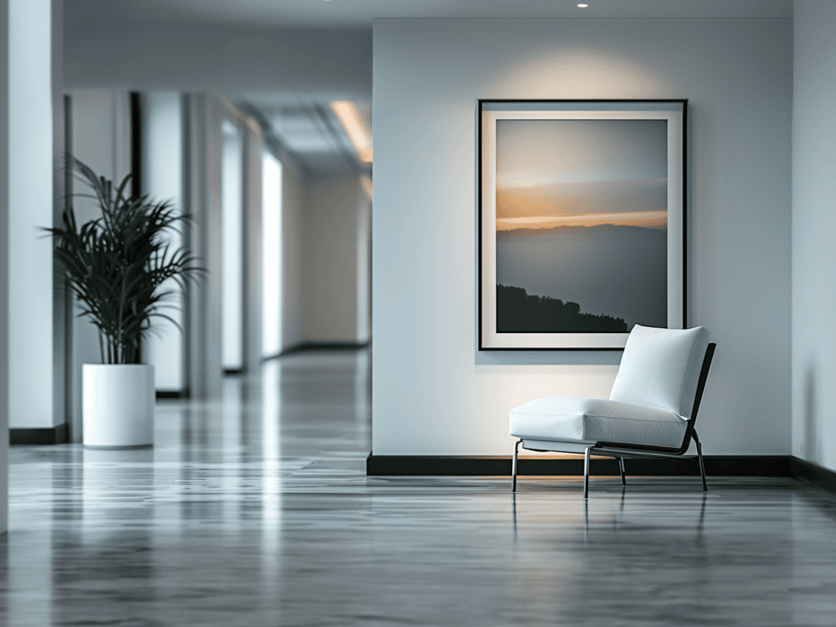 Spacious modern hallway with polished floors, tall potted palm plant