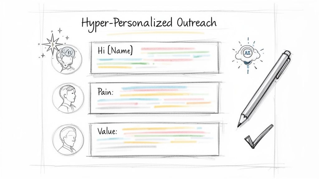An illustration showing hyper-personalized outreach steps: AI for greetings, addressing pain points, and highlighting value.