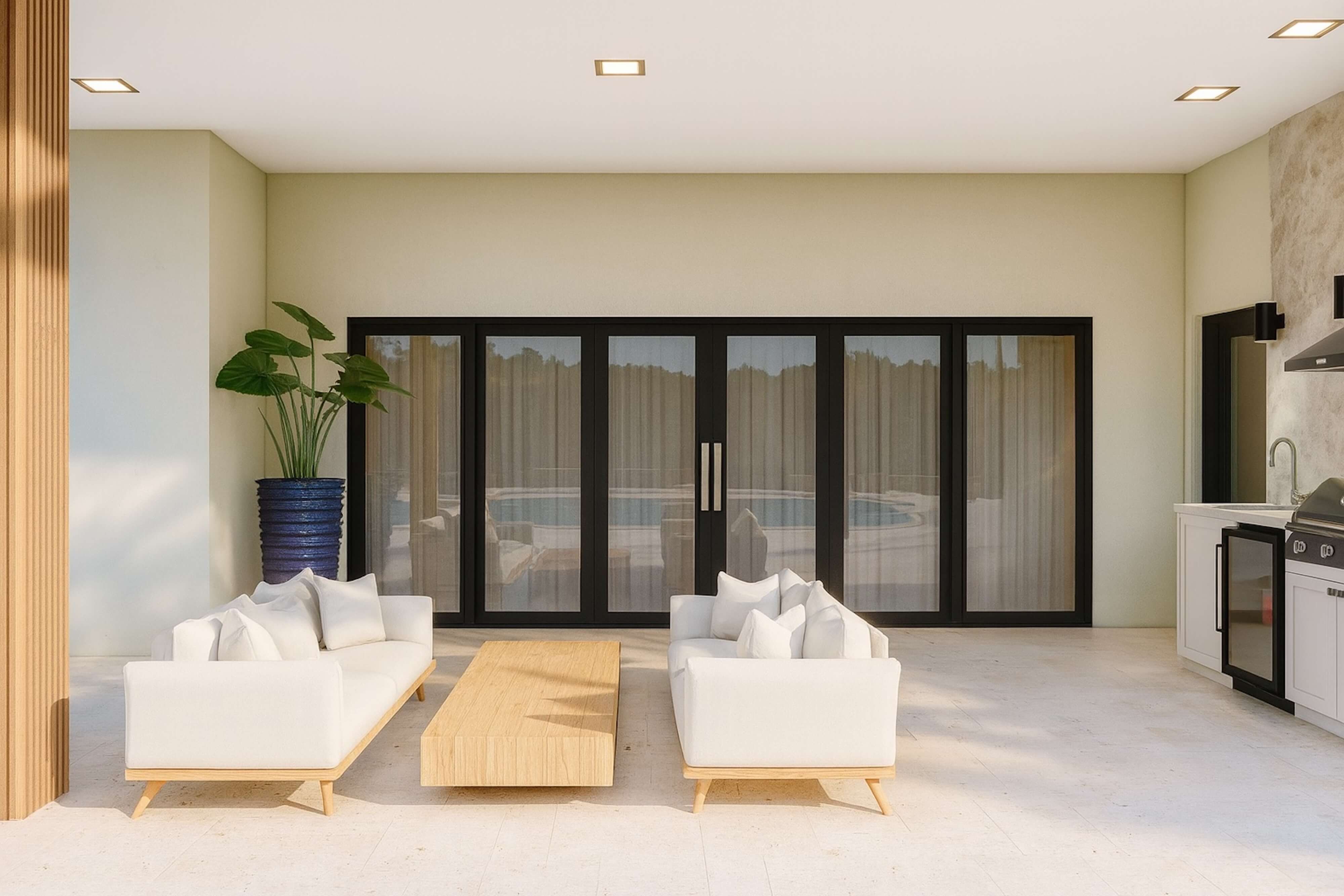 Minimalist outdoor living room with clean lines, neutral sofas, and a low-profile coffee table facing glass doors and a pool area — an example of luxurious contemporary outdoor living design.