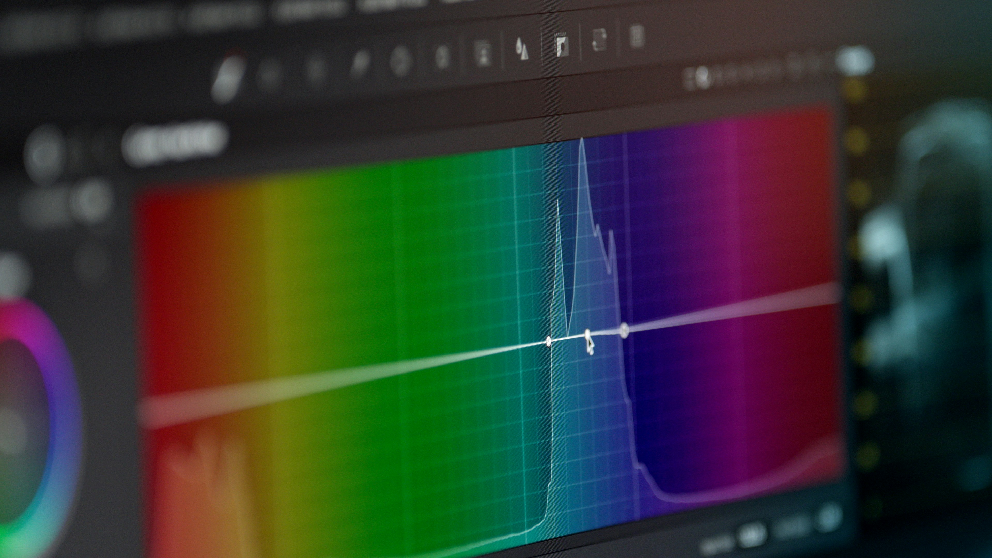 AI photo editing color grading interface with histogram and RGB adjustments