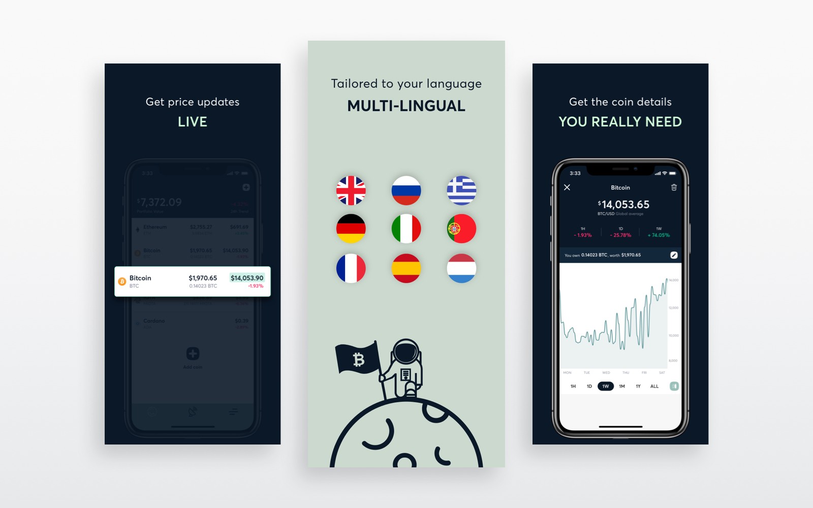 BlockHero mobile app displaying real-time price updates and multilingual support