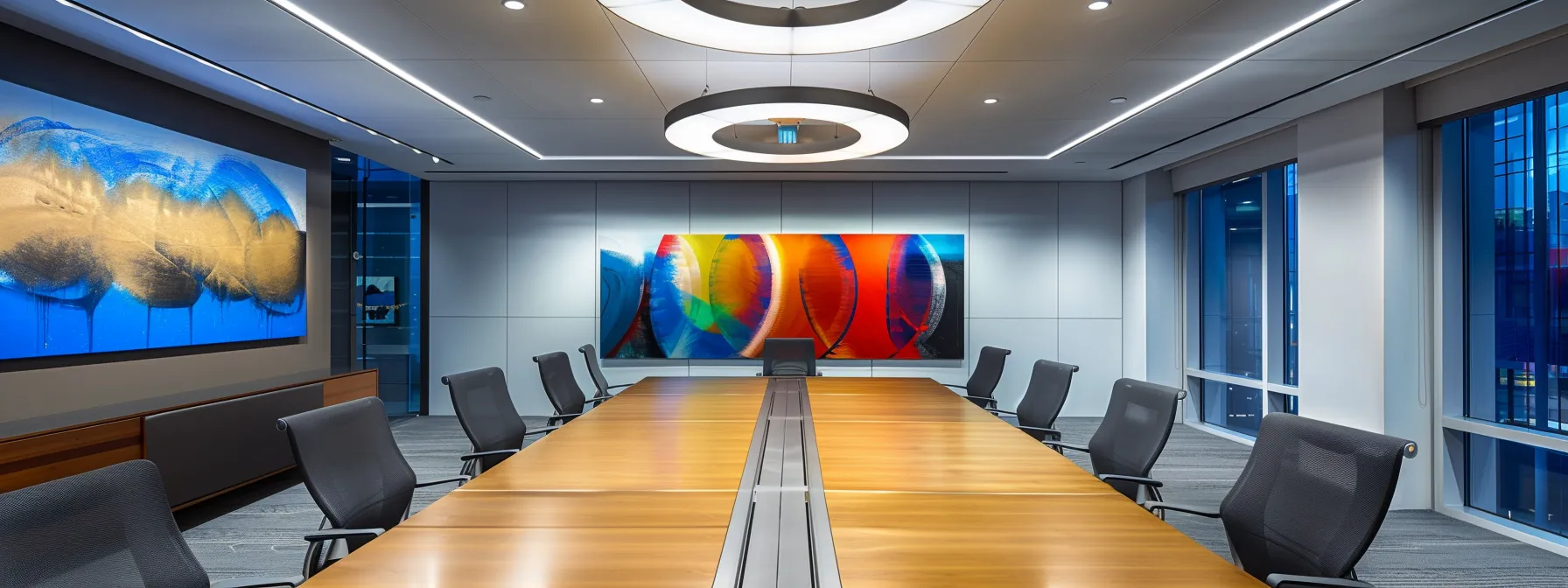 a sleek, modern office space featuring a polished conference table surrounded by ergonomic chairs, illuminated by dramatic overhead lighting that casts sharp contrasts on vibrant, contemporary artwork.