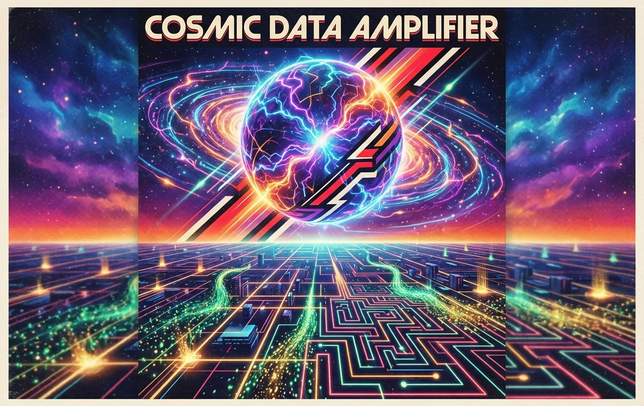 "Cosmic data sphere with neon grid, RockN' Socials Digital Marketing Agency."