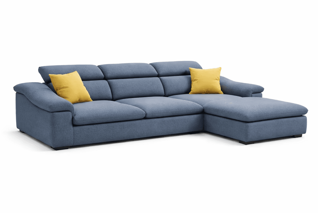 Deep blue curved sofa with generous seating and contemporary lounge appeal