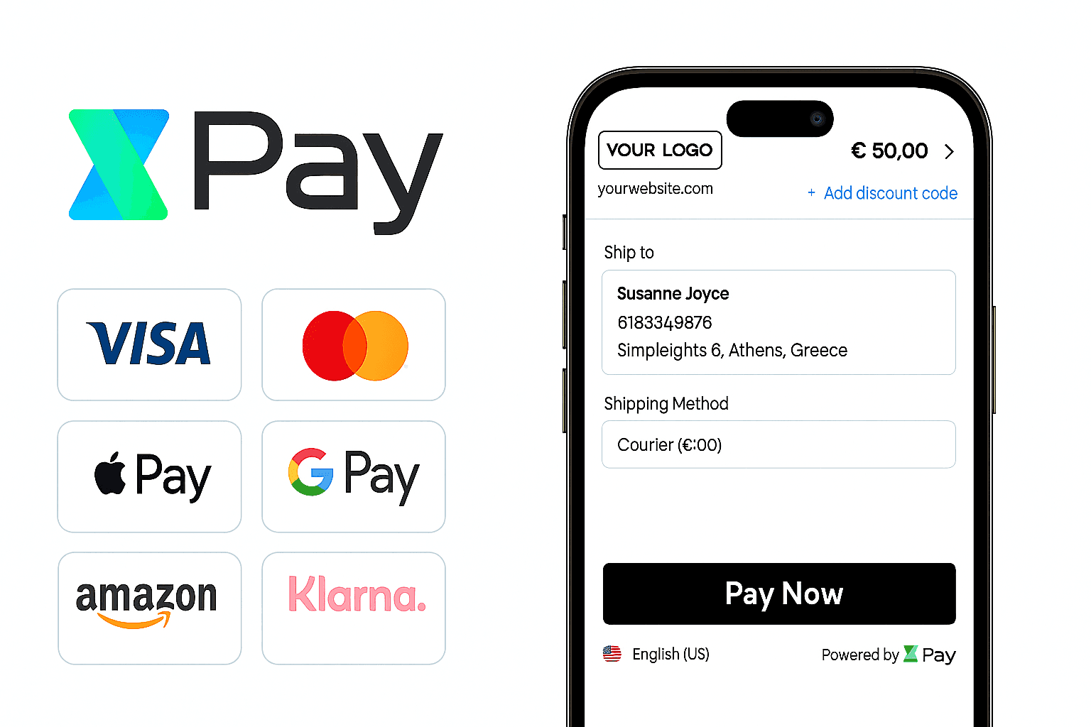 A digital payment checkout interface showing the XPay logo alongside popular payment methods including Visa, Mastercard, Apple Pay, Google Pay, Amazon Pay, and Klarna. The phone screen displays a sample shipping detail and payment summary with a prominent black "Pay Now" button replacing the XPay logo.