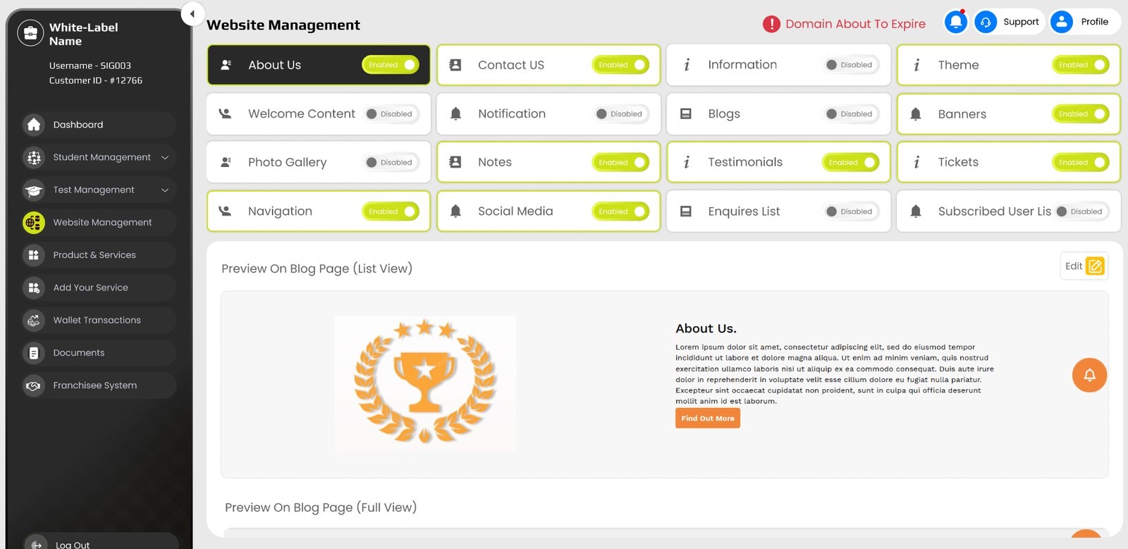 Rebuilt website management panel grid