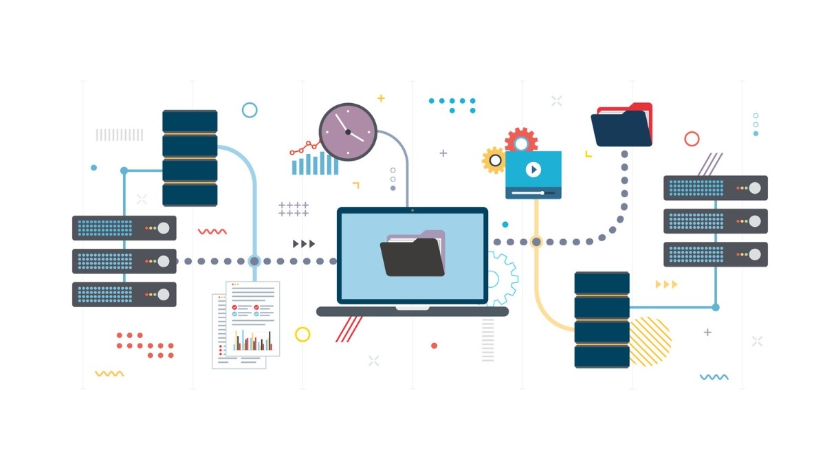 Illustration of a laptop surrounded by interconnected icons for servers, databases, charts, and gears, representing how data pipelines manage information flow, architecture, tools, and AI‑driven automation.