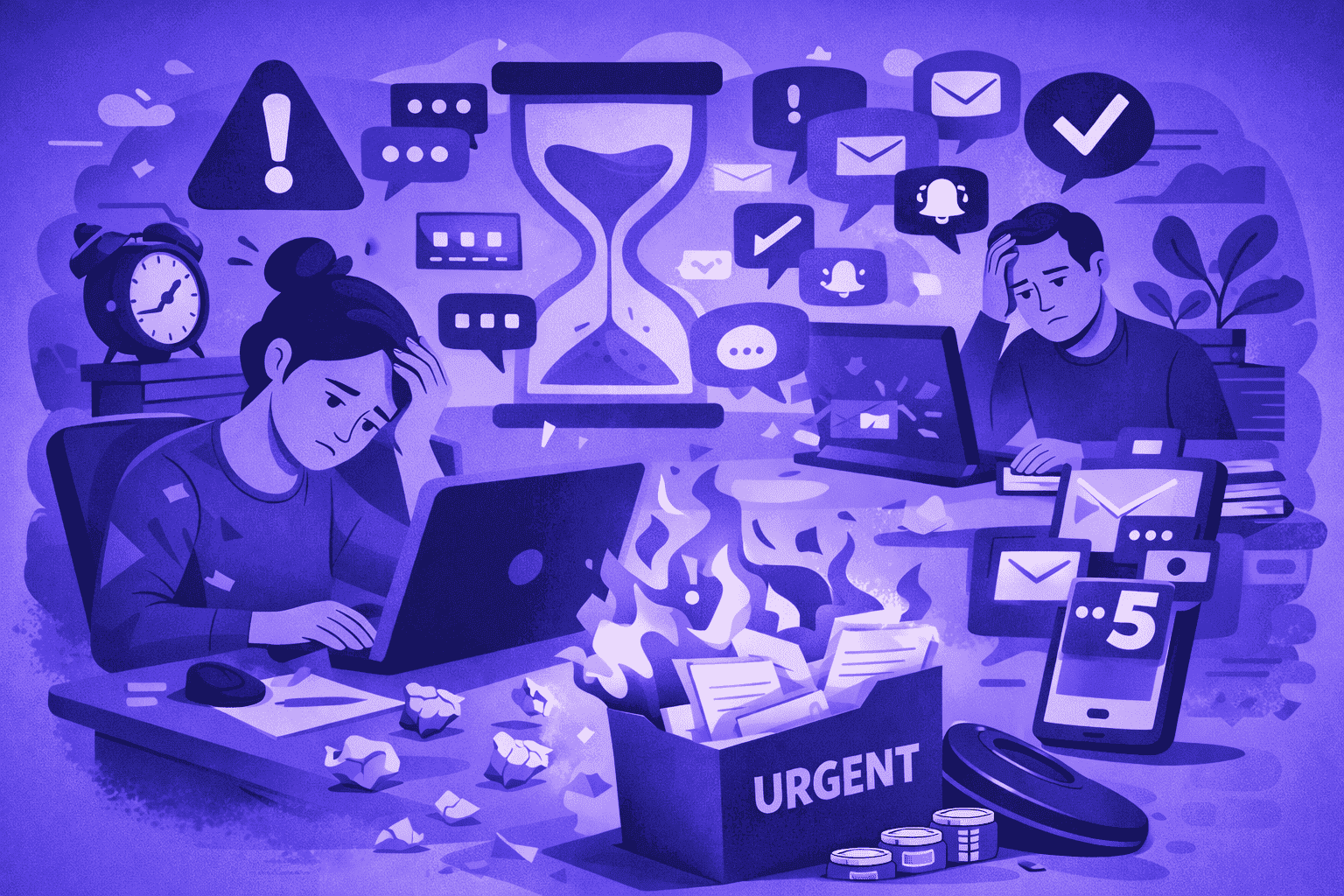 Overwhelmed employees surrounded by notifications and urgent tasks, illustrating productivity loss caused by workplace distractions