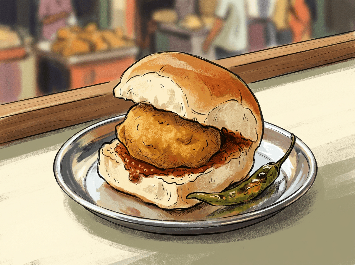 Vada pav on a steel plate with garlic chutney, iconic Indian street food