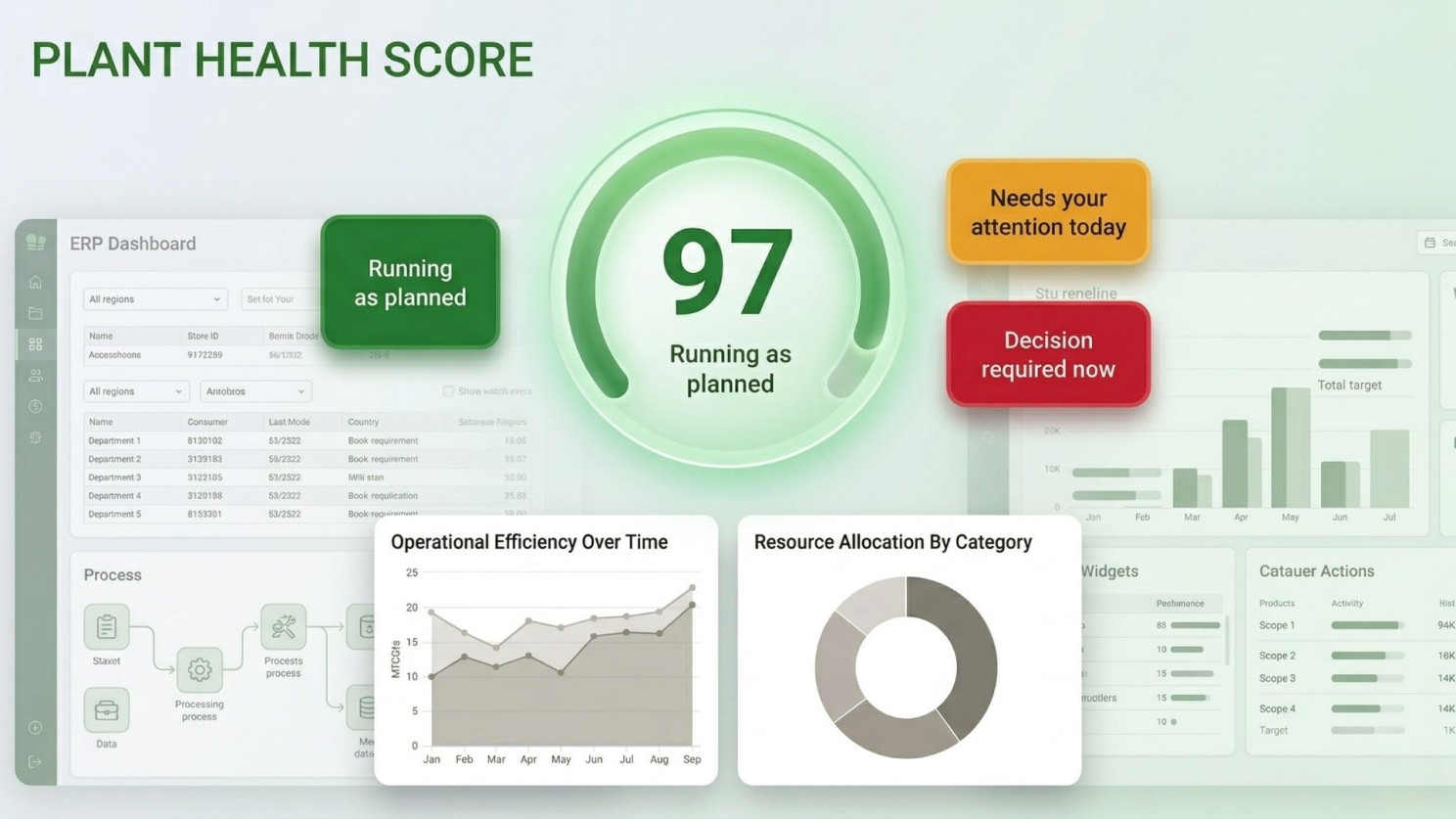 Manufacturing plant health dashboard displaying overall score of 97 with status indicators for running as planned, attention needed, and decision required, along with operational efficiency charts.