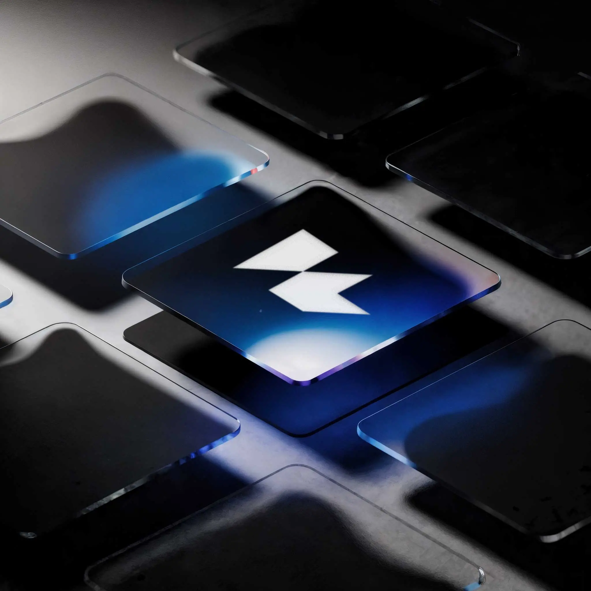 Framer logo on a floating glass panel surrounded by layered UI elements, illustrating the powerful features and workflow capabilities of the Framer website builder.
