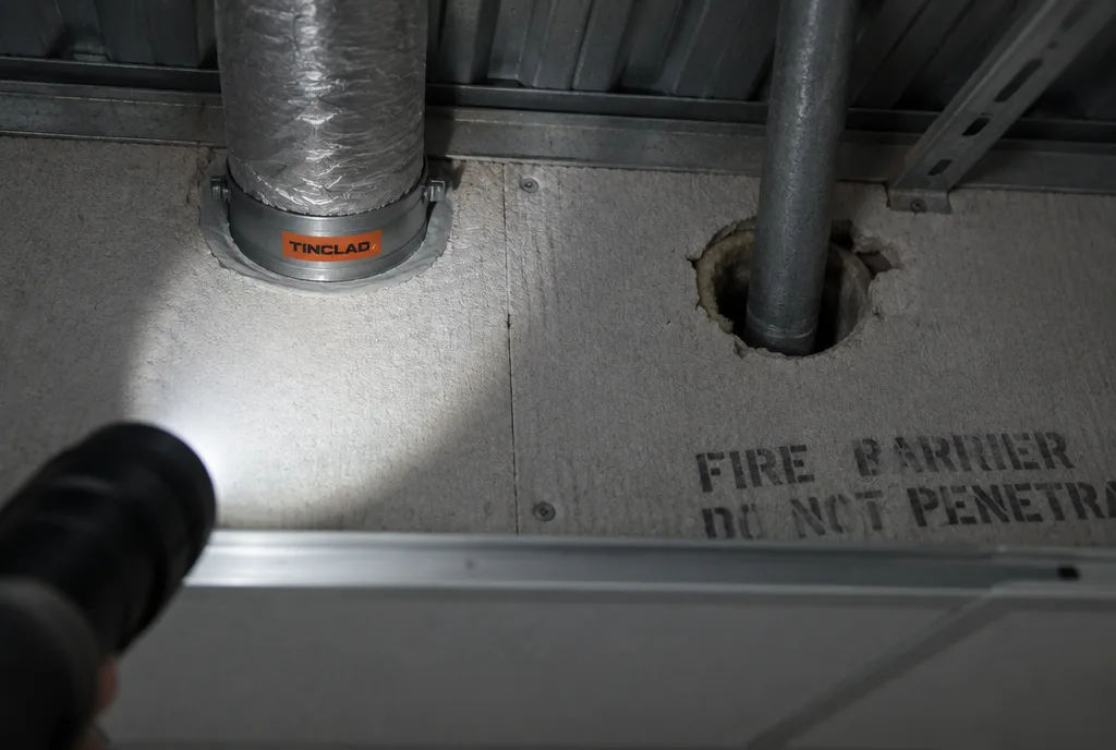 Smoke barrier wall above a ceiling with sealed and open penetrations.