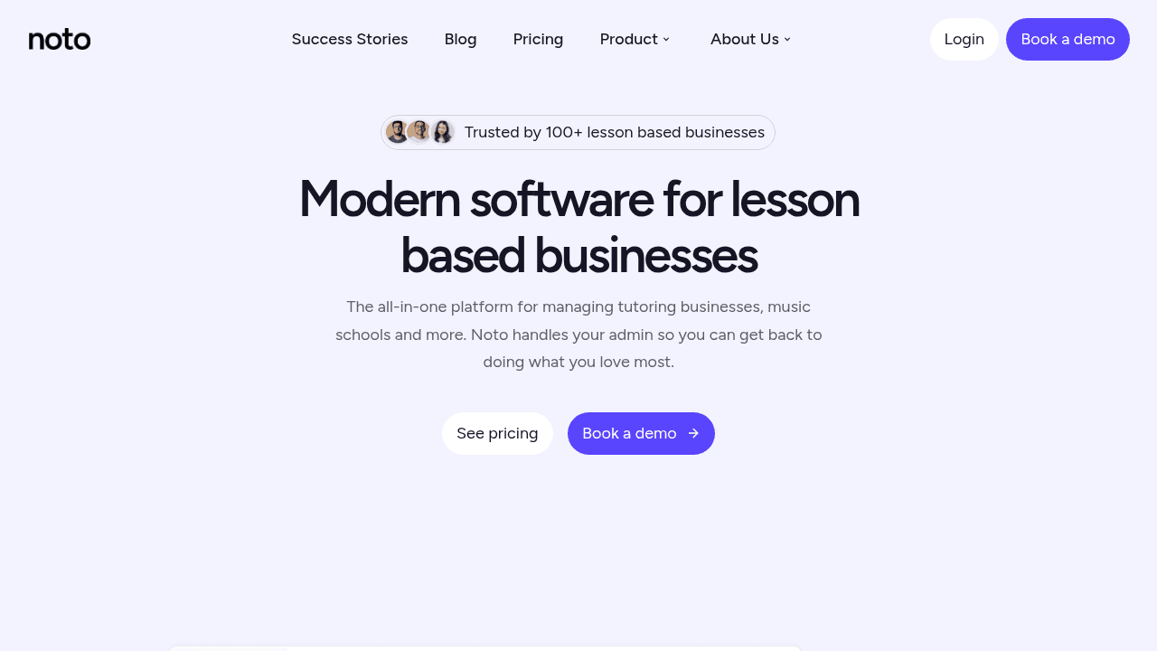 Noto tutoring center management platform homepage showcasing all-in-one scheduling and billing solution