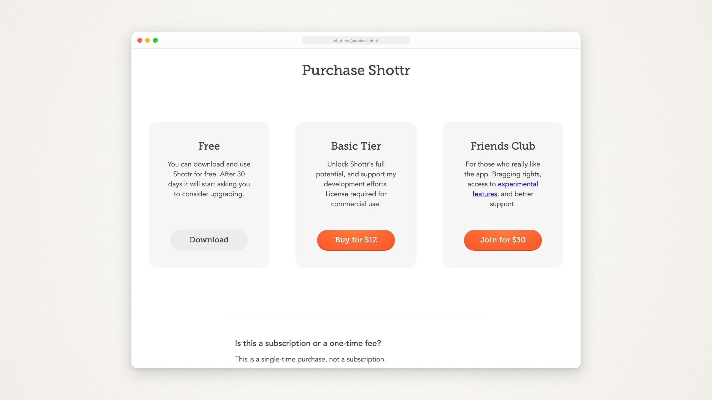 Shottr’s purchase page with three tiers: Free, which starts asking you to upgrade after 30 days, Basic at $12 with a license required for commercial use, and Friends Club at $30