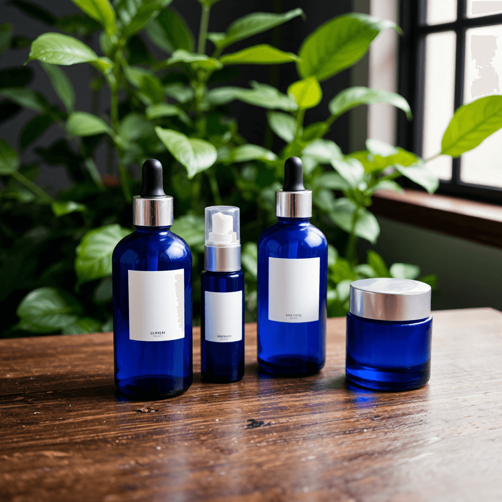 product photography of a collection of skincare products in blue glass bottles and jars