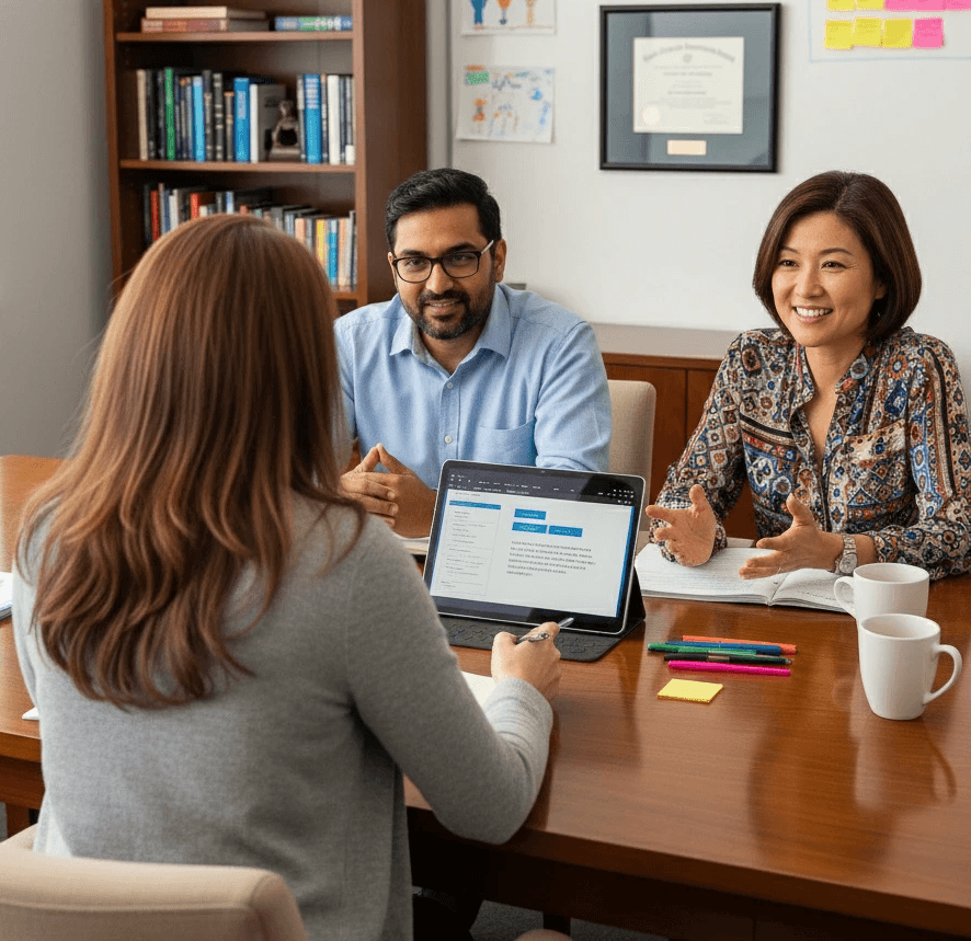 Psychologist consulting with teachers at a school
