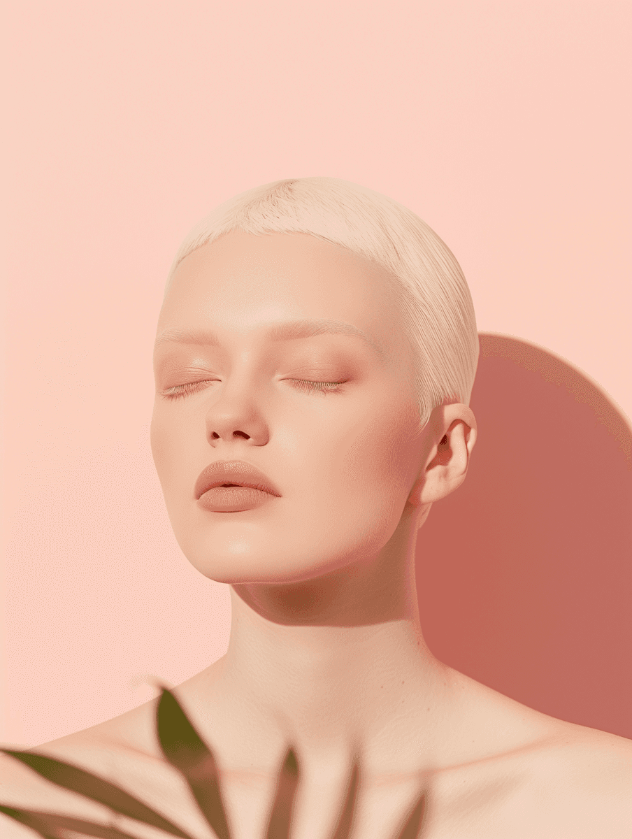 Close-up portrait of a woman with short slicked-back platinum blonde hair and eyes closed, set against a soft peach-pink background. 