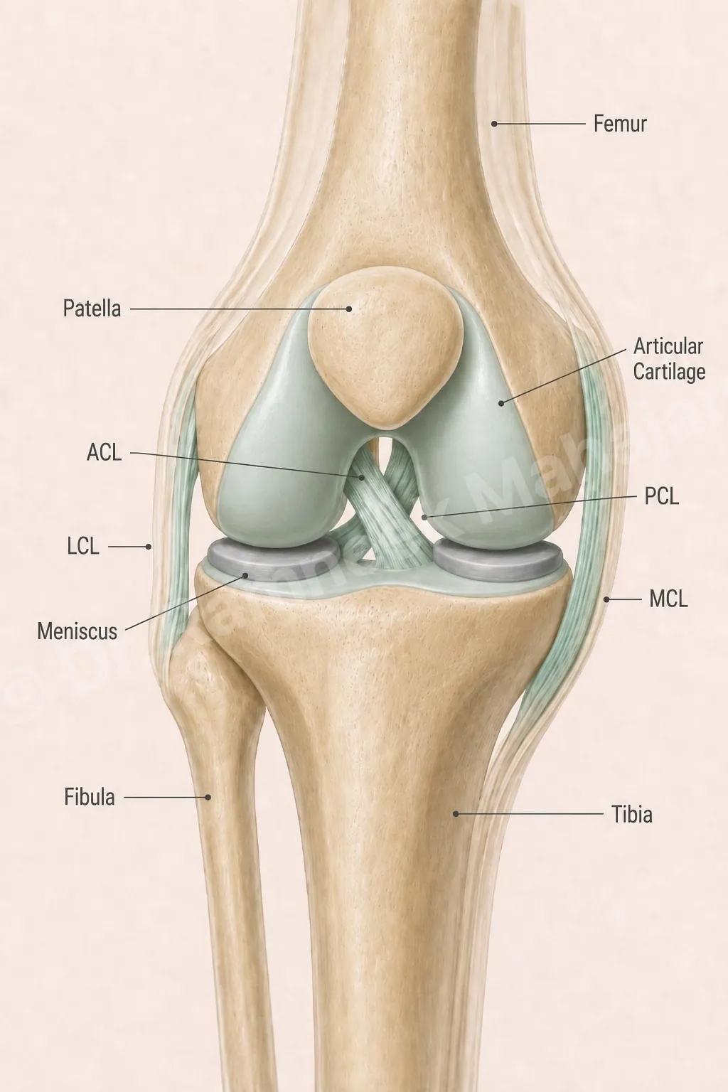 Healthy knee joint, anterior view - femur, patella, articular cartilage, cruciate ligaments (ACL, PCL), collateral ligaments (LCL, MCL), meniscus, tibia and fibula