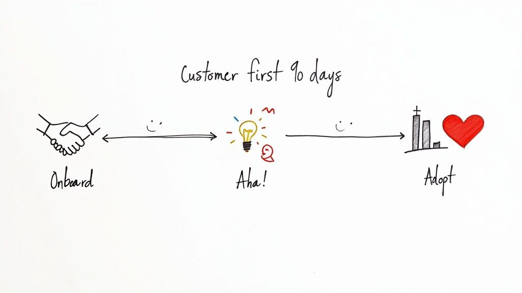 A flowchart illustrating the 'Customer first 90 days' process: Onboard, Aha! moment, and Adopt.