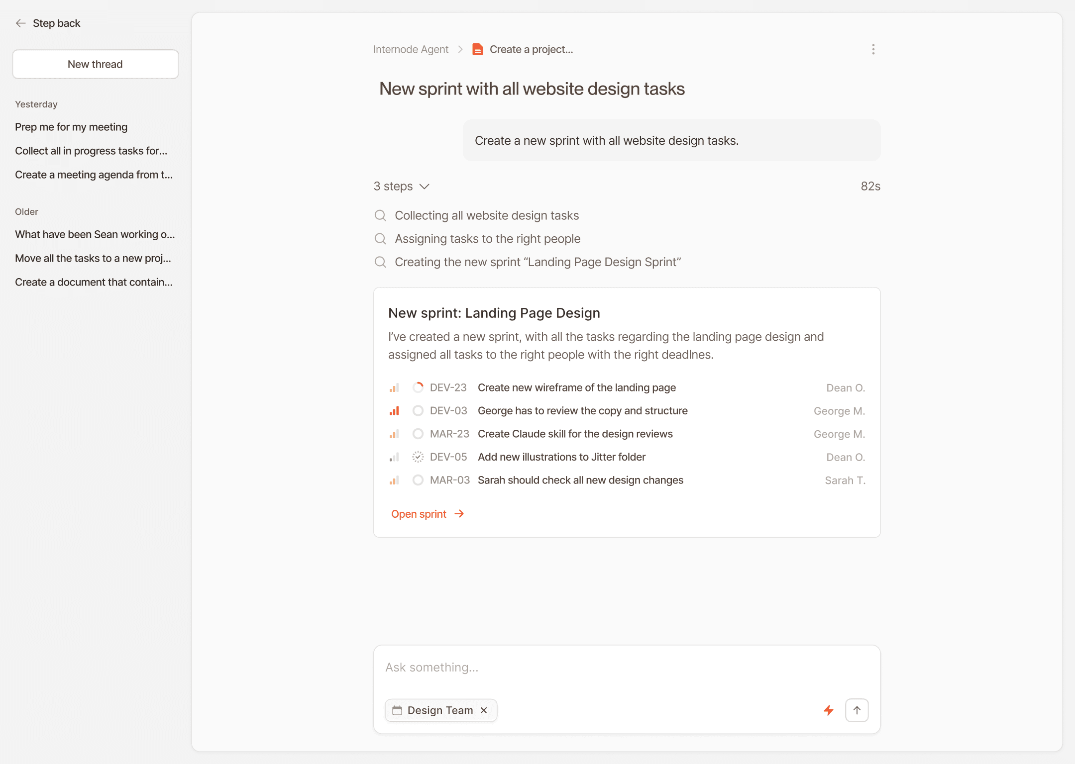 Internode dashboard showing a kanban-style task management board with multiple columns and task cards containing project details.