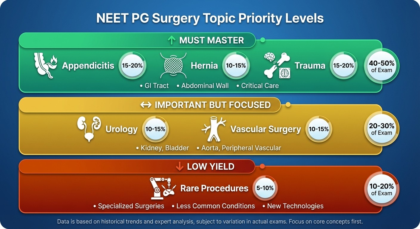 Surgery topic priority map for NEET PG showing high-yield vs low-yield topics