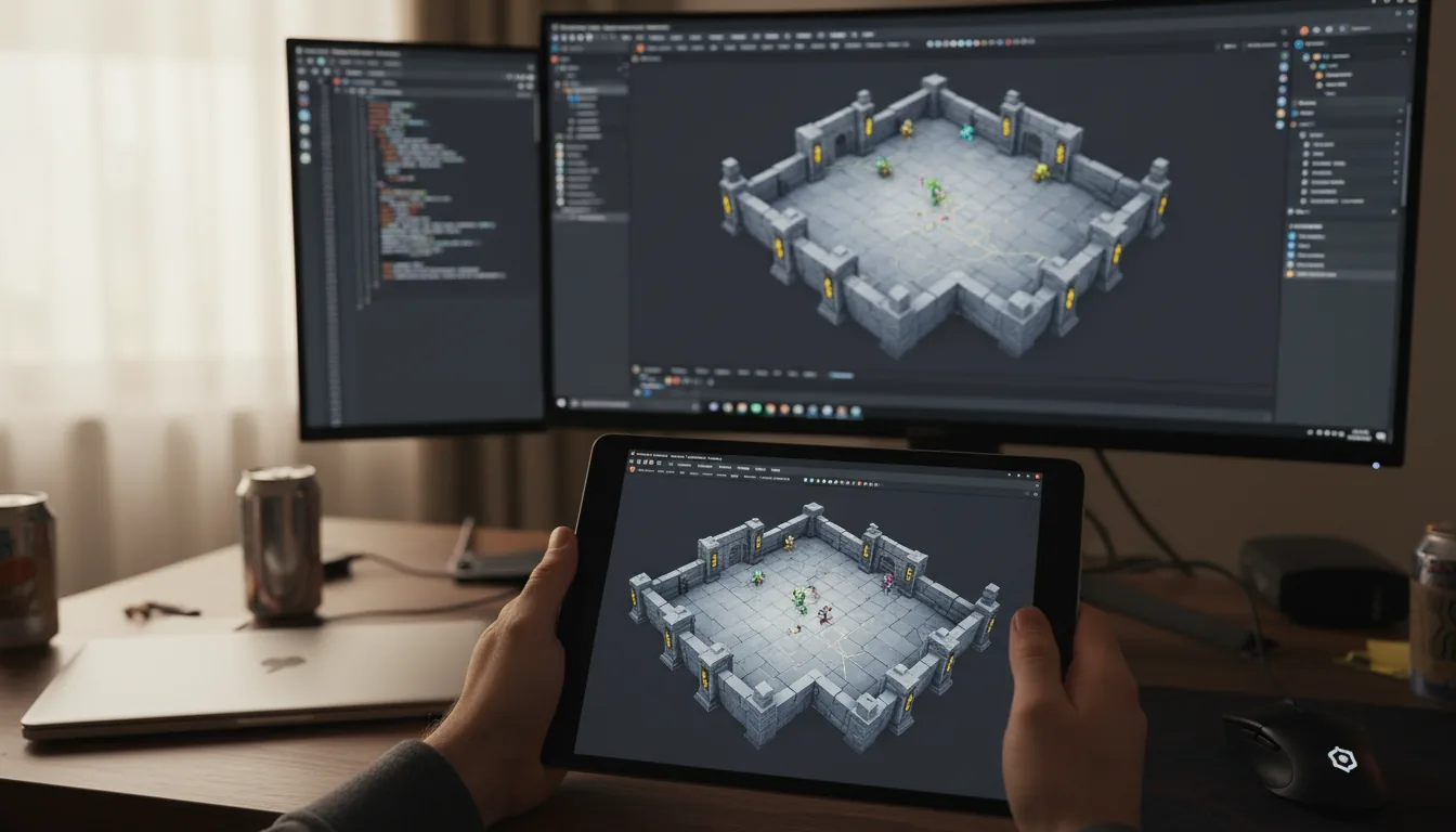 DSLR photography from a developer's point-of-view, close-up on hands holding a black iPad displaying a top-down 3D fantasy dungeon game. In the background, a large desktop monitor shows the Unity 3D editor in dark mode with the same game scene, and a second monitor displays a code editor with abstracted text lines. The setting is a developer desk with a laptop and mouse, lit by soft natural daylight with a shallow depth of field focused on the iPad.
