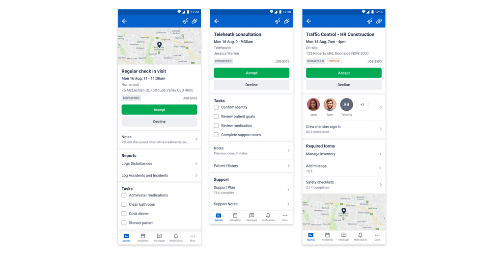 3 example screens of the Job Details, with different layout and configurations