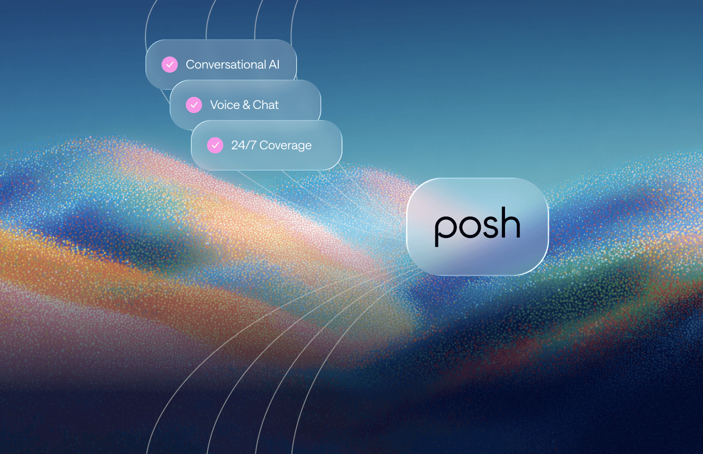 Abstract hero image showing a dynamic wave of orange and blue particles on a gradient background.