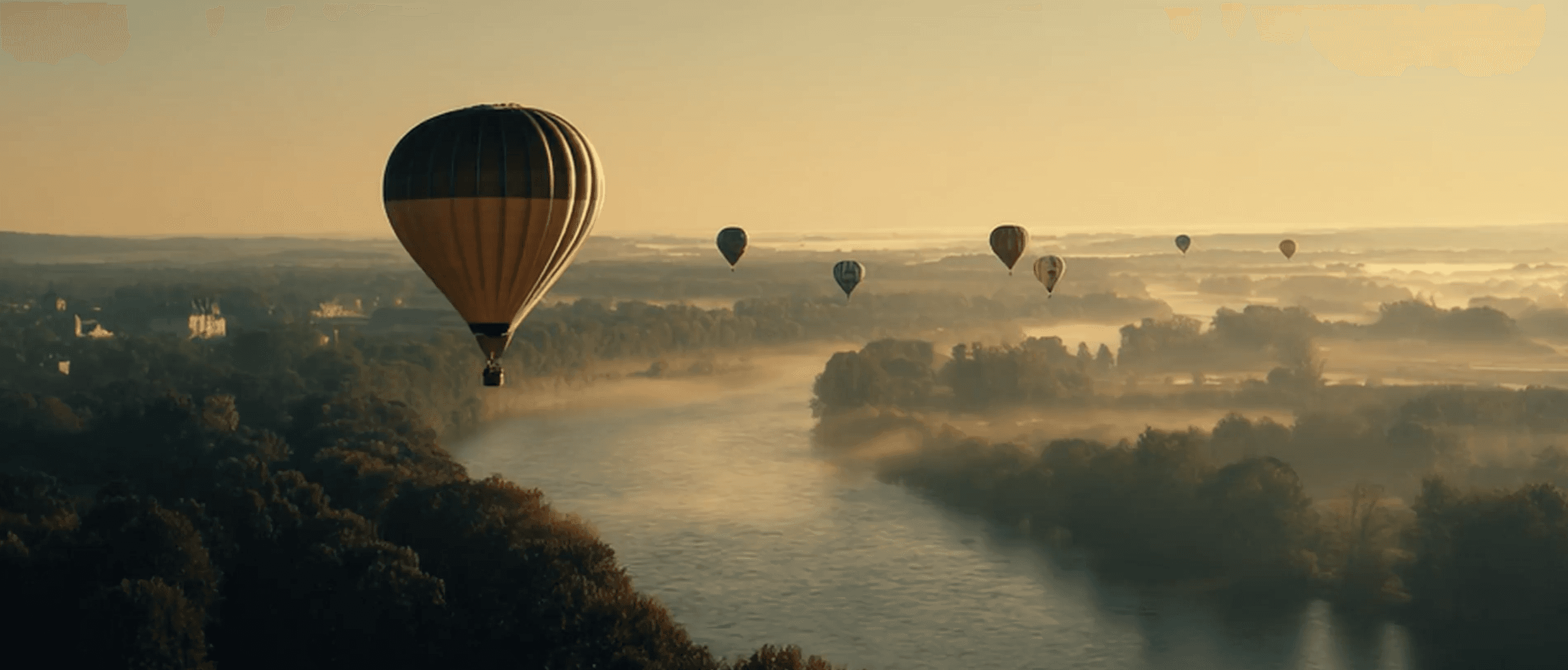 Hot air balloons drifting above golden French countryside at sunrise, capturing serenity and adventure in the soft morning mist.