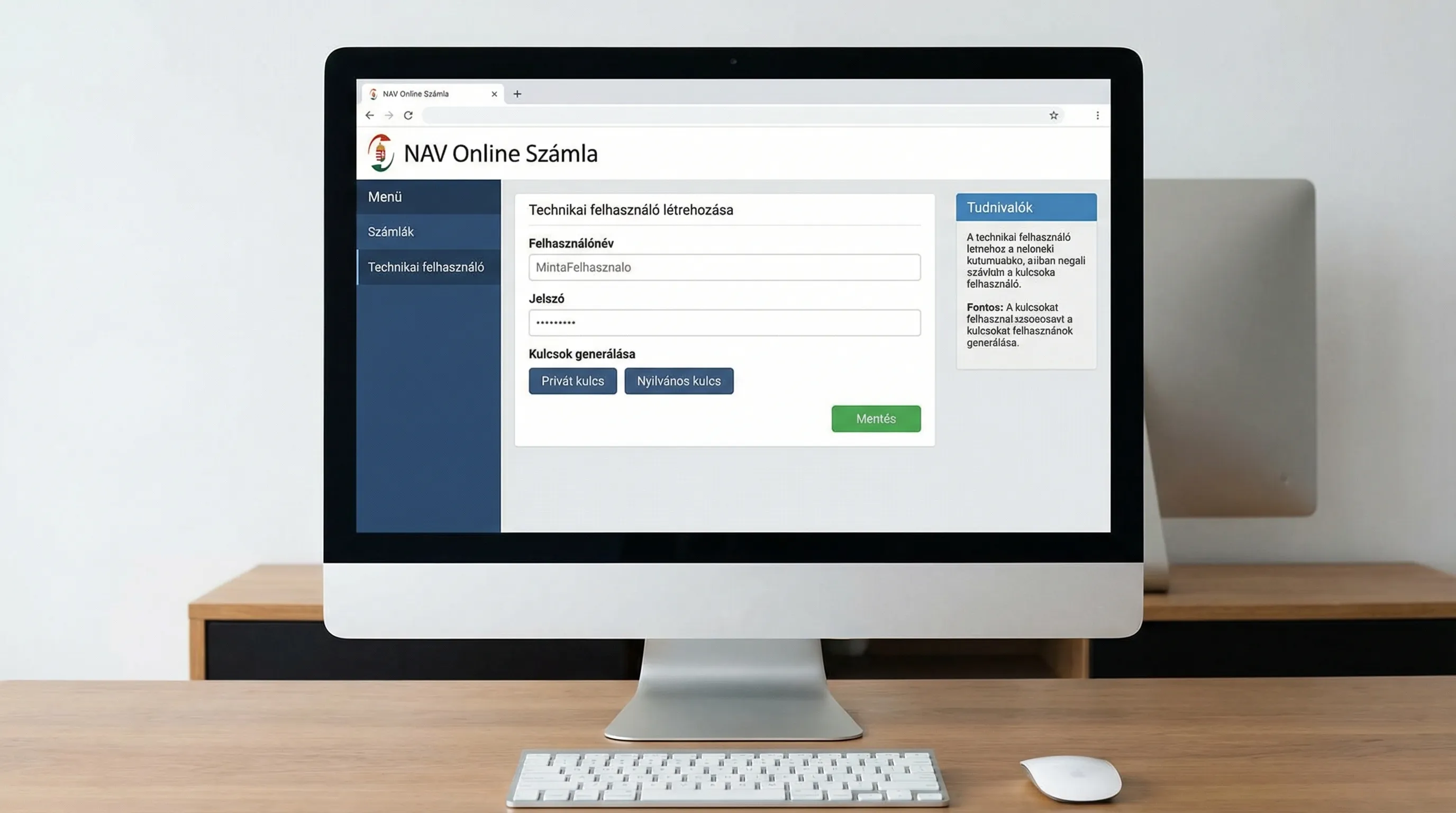 Egy egyszerű illusztráció a NAV Online Számla portál „Technikai felhasználó” létrehozásáról: bal oldali menü, középen űrlap mezőkkel (felhasználónév, jelszó, kulcsok), jobb oldalon rövid magyarázó doboz. A képernyő tartalma általános, nem tartalmaz v...