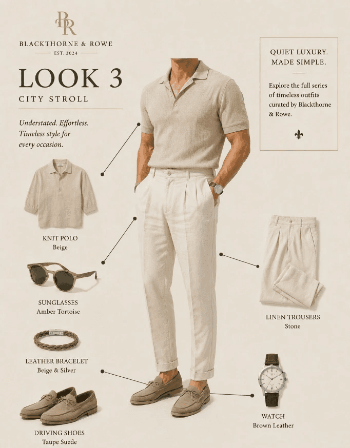 A style guide infographic from Blackthorne & Rowe titled "LOOK 3: CITY STROLL." The central image shows a man wearing an understated, chic city outfit consisting of a short-sleeved beige knit polo shirt tucked into pleated, stone-colored linen trousers with cuffed hems, paired with taupe suede driving shoes. Lines point from the model to individual product shots on either side: a beige knit polo, amber tortoise sunglasses, a braided beige and silver leather bracelet, taupe suede driving shoes, stone-colored linen trousers, and a silver watch with a brown leather strap. A boxed text in the upper right displays "QUIET LUXURY. MADE SIMPLE."