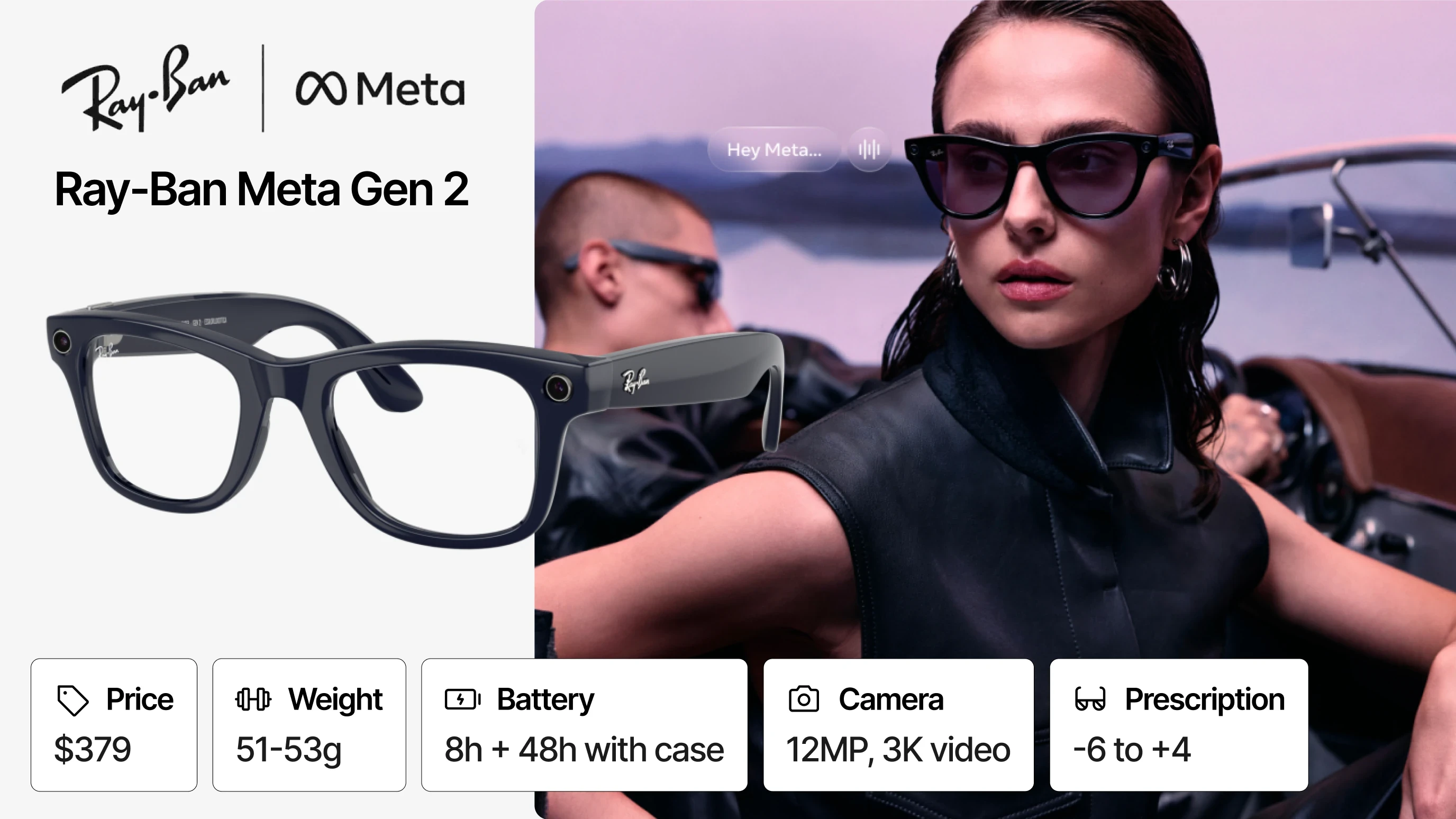 Ray-Ban Meta Gen 2 glasses beside a model wearing them, with feature tiles below.