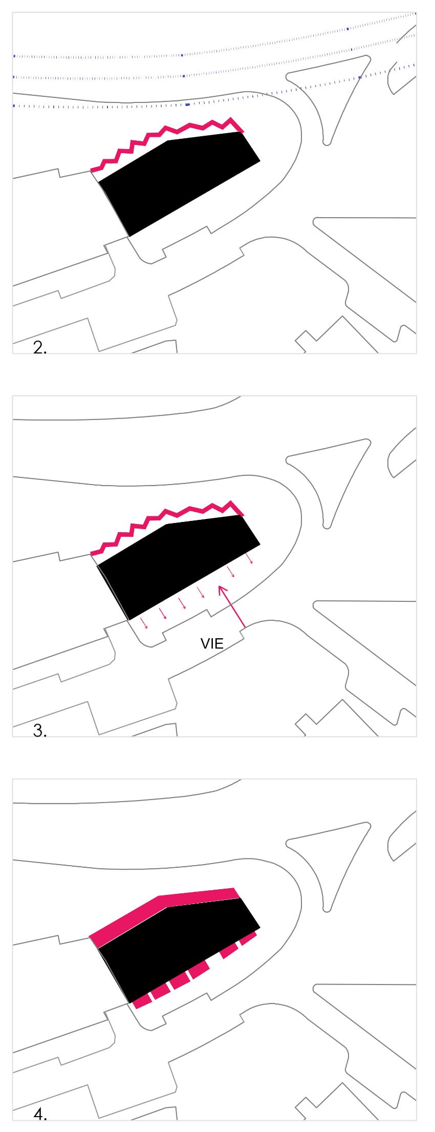 1. Cheminements, liaisons						  2. Protection par rapport aux bruits des véhicules   3. Ouvertures vers la vie du village   4. Lieux de vie et de vue: une coursive, balcons