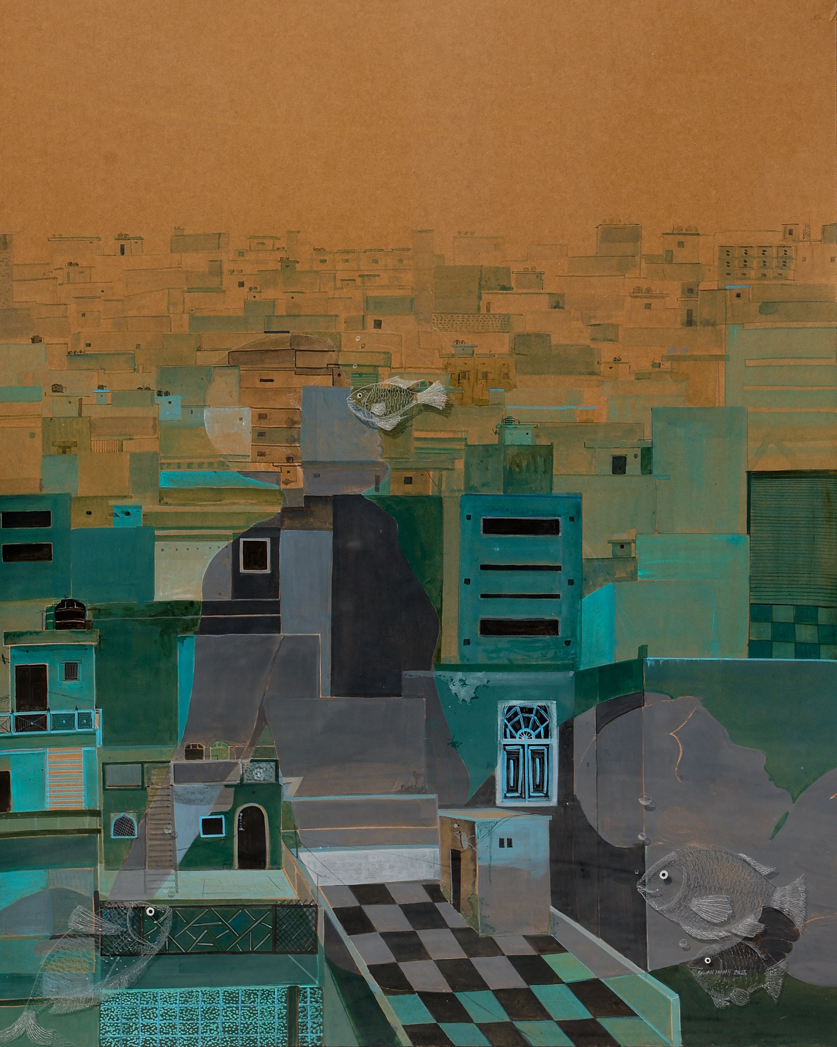 herd of sheep on road painting