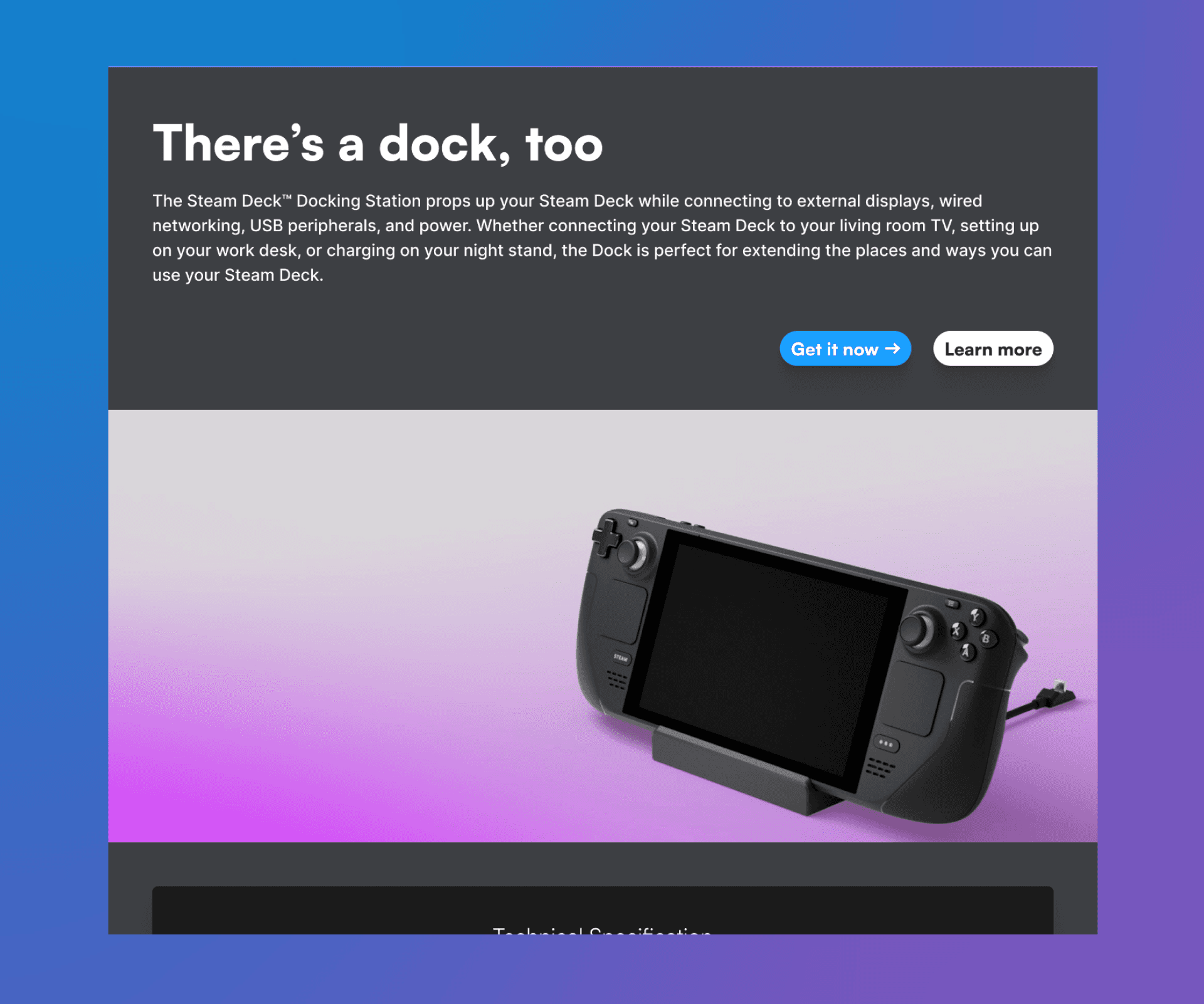 Um dispositivo Steam Deck é exibido com sua estação de acoplamento sobre uma superfície, em um fundo com gradiente rosa e roxo, acompanhado de texto que promove seus recursos de conectividade e versatilidade para uso com displays externos, redes e periféricos.