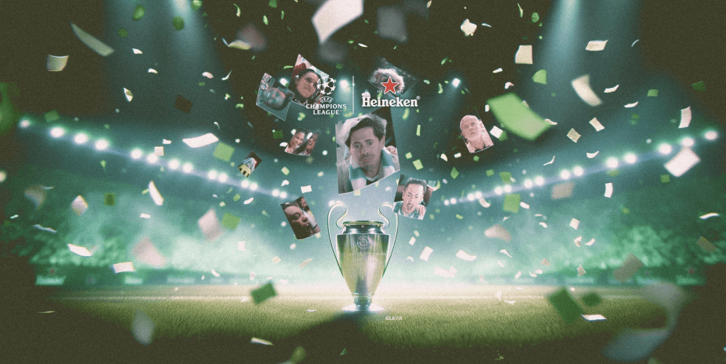 Champions-League-Pokal im Stadion mit Heineken- und UEFA-Champions-League-Logos, Fanfotos und Konfetti