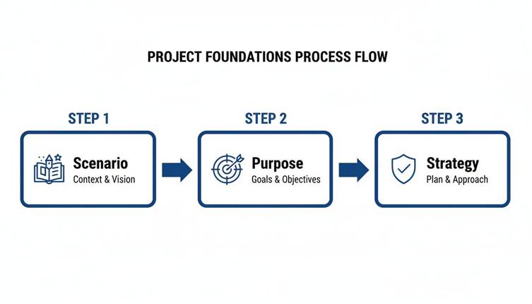 A diagram illustrating the three-step Project Foundations Process Flow: Scenario, Purpose, Strategy.