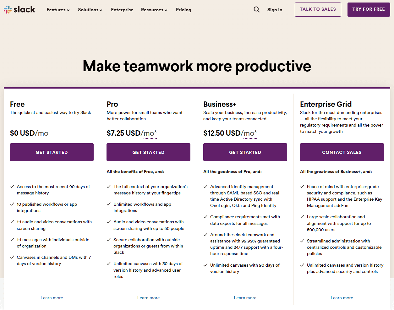 Screenshot of Slack's pricing plans