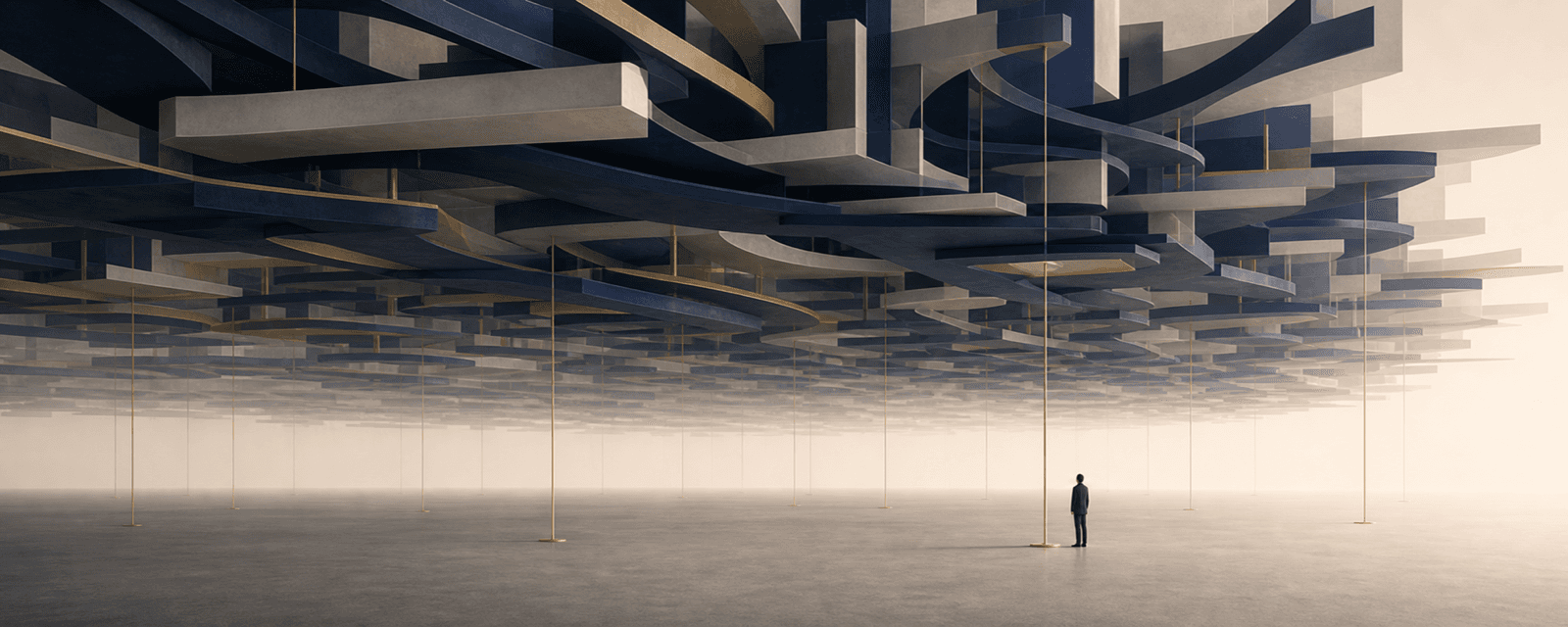 A complex suspended structure supported by many poles, with one person beside a local support.