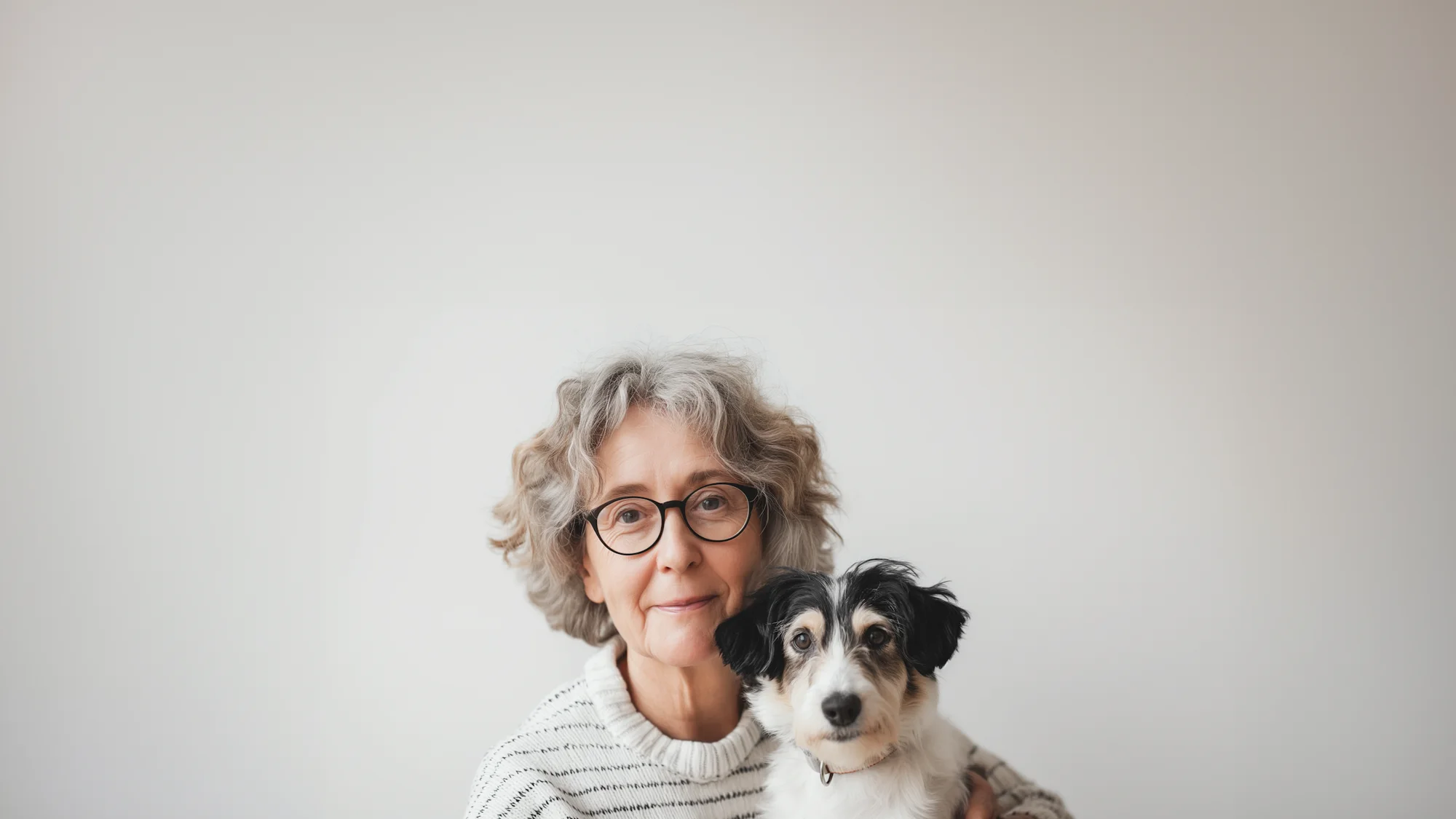 An older woman holding her dog close