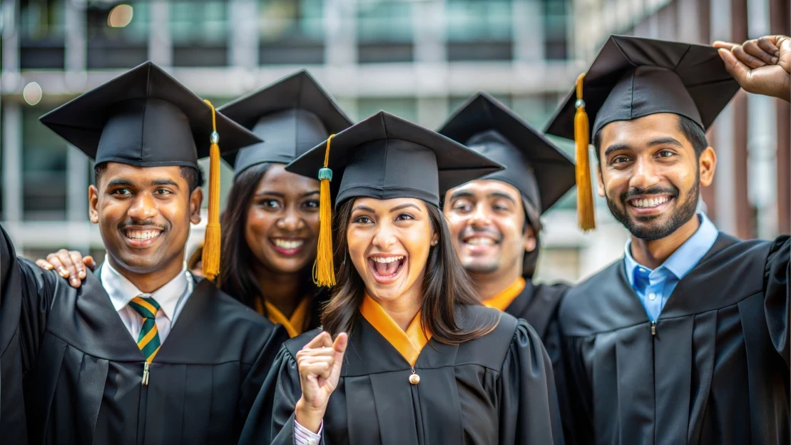 Graduates celebrating together in caps and gowns