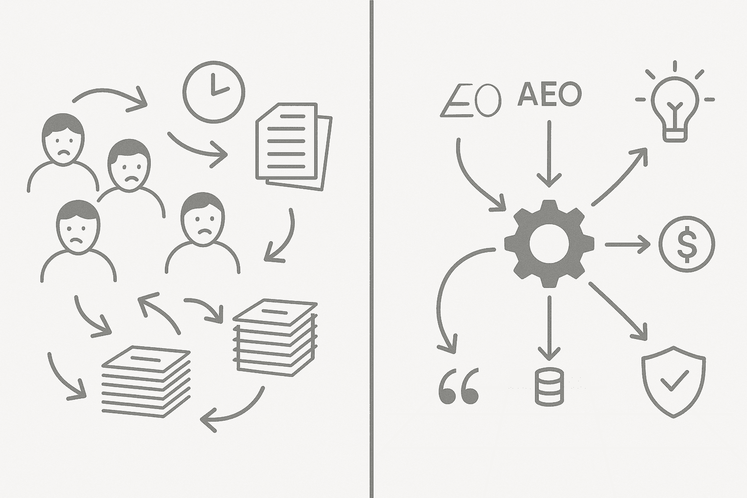 Split-screen diagram contrasting fragmented manual AEO tasks with streamlined automated platform workflow
