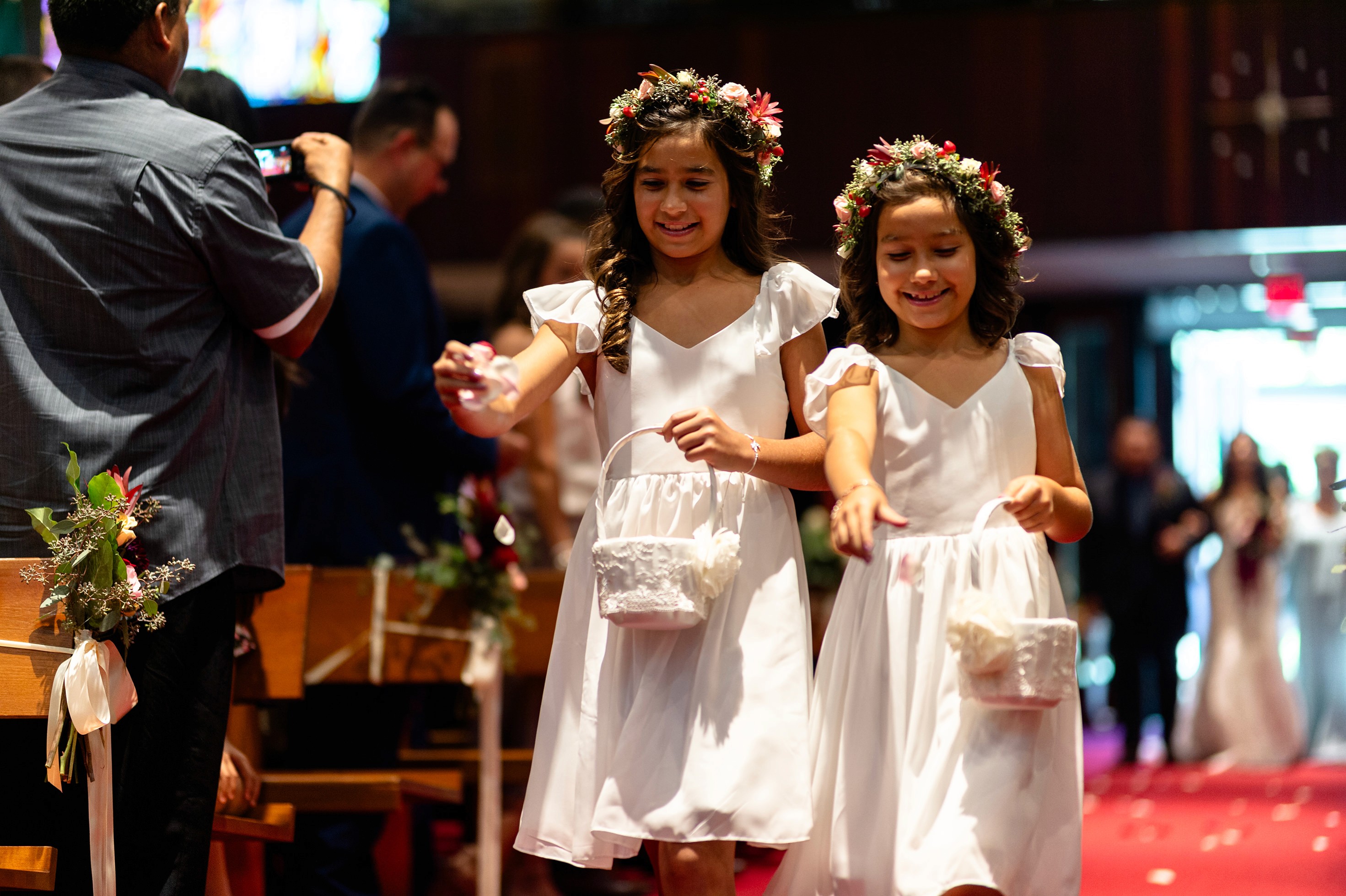Flat lay wedding details with bouquet, rings, and sparkling bridal heels
