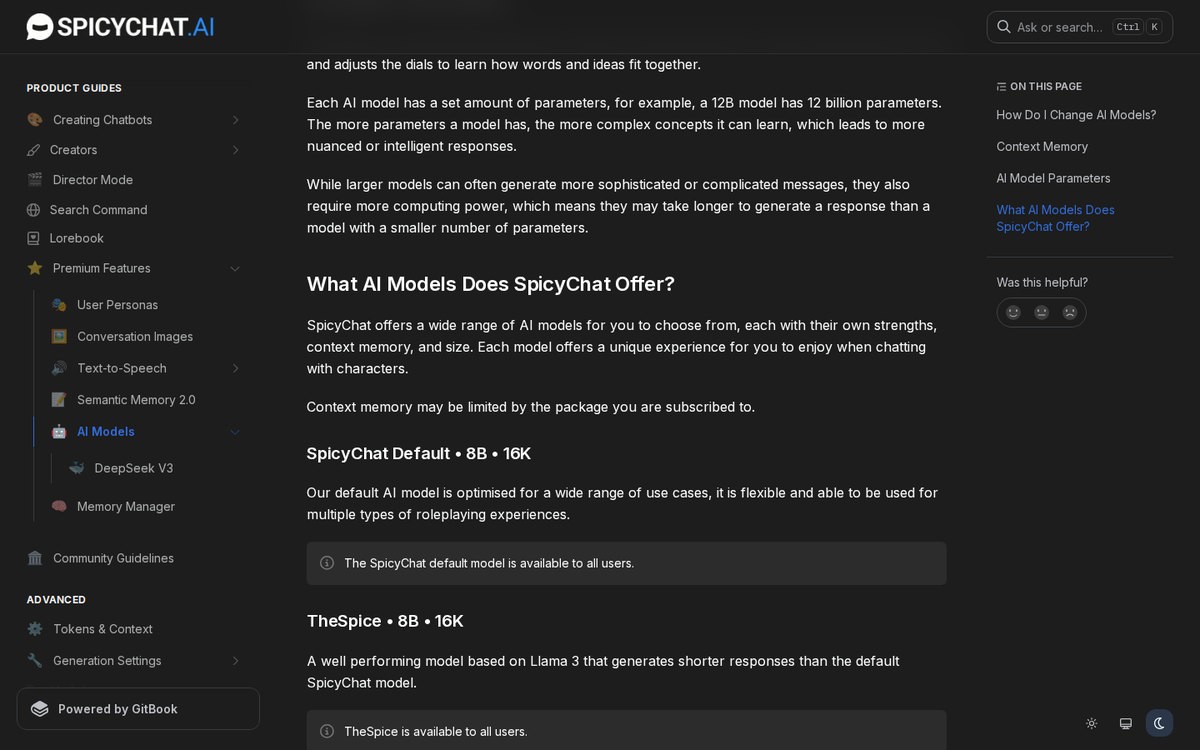 SpicyChat’s documentation lists every chat model with its tier, size and context, September 2026.