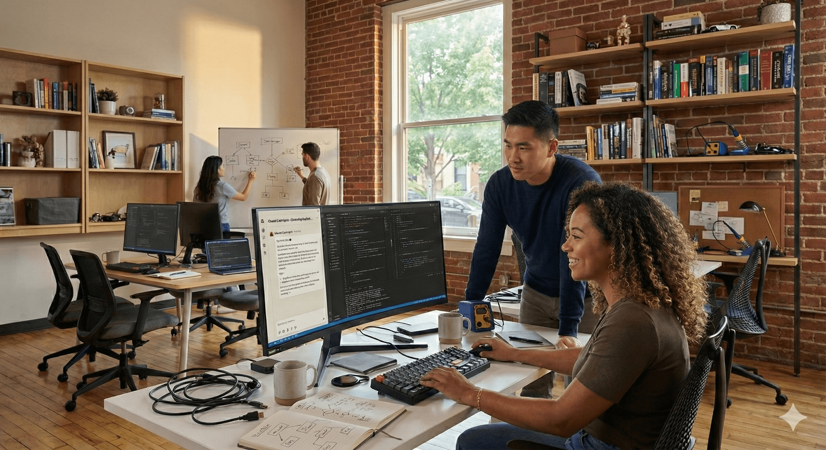 In a modern office with exposed brick walls, two coworkers smile and collaborate at a desk with large monitors displaying code, as another pair discusses ideas by a whiteboard in the background, fostering an environment of agentic coding and teamwork.