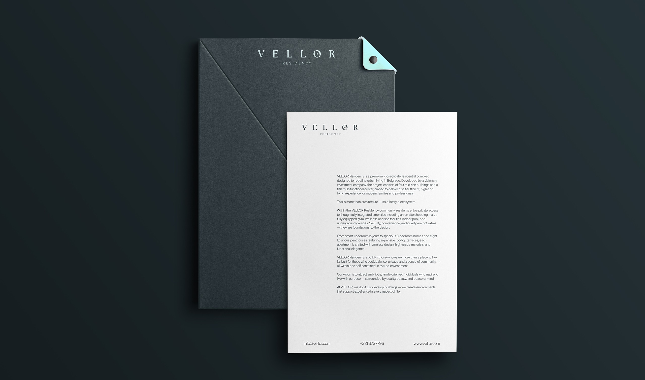 Vellor Residency brand identity — print materials and document design premium residential 2025