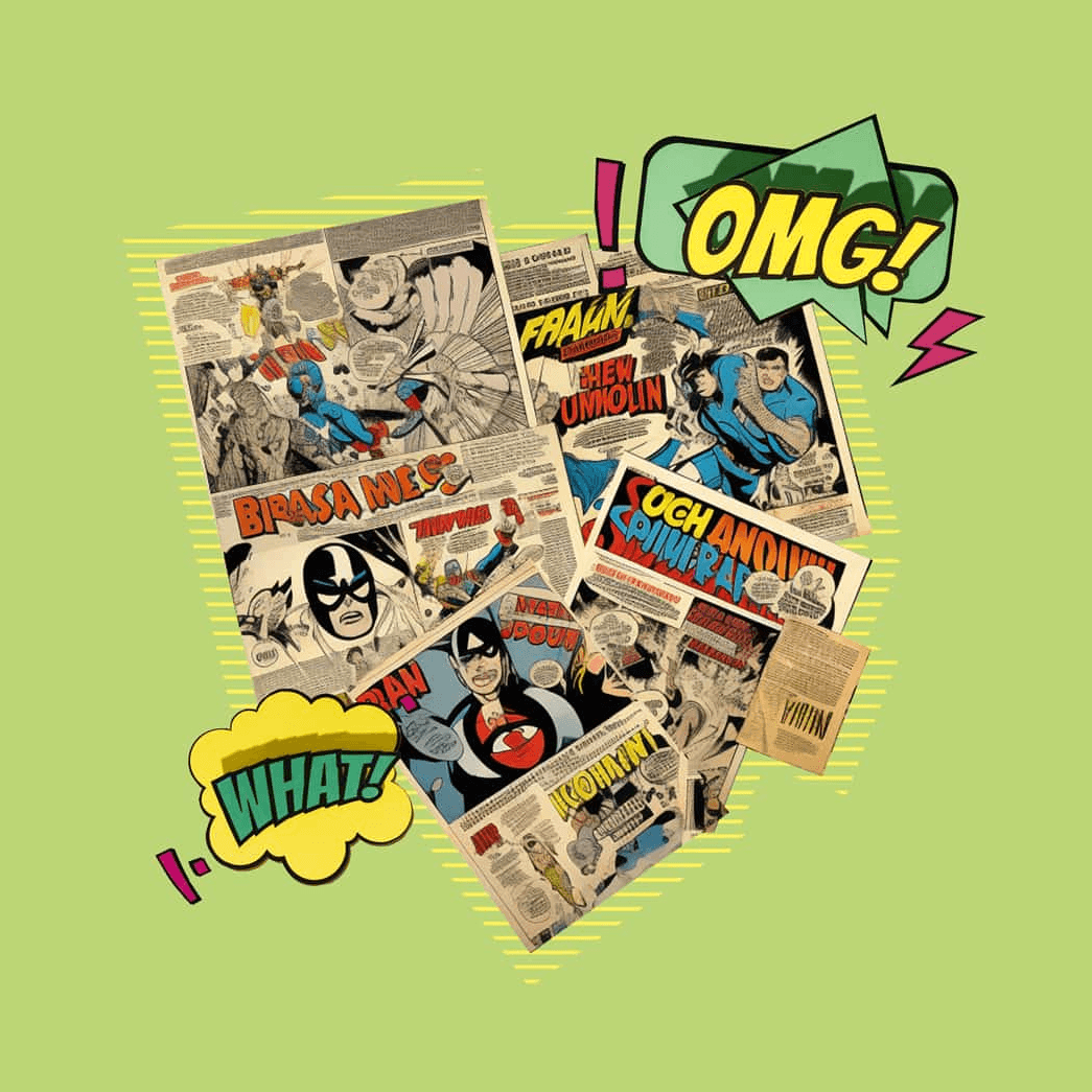Collage de cómics retro con texto en viñetas "OMG" y "WHAT" en fondo verde.