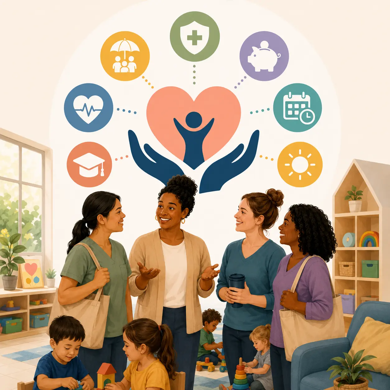 an animated image of child care staff in a room with children discussing benefits