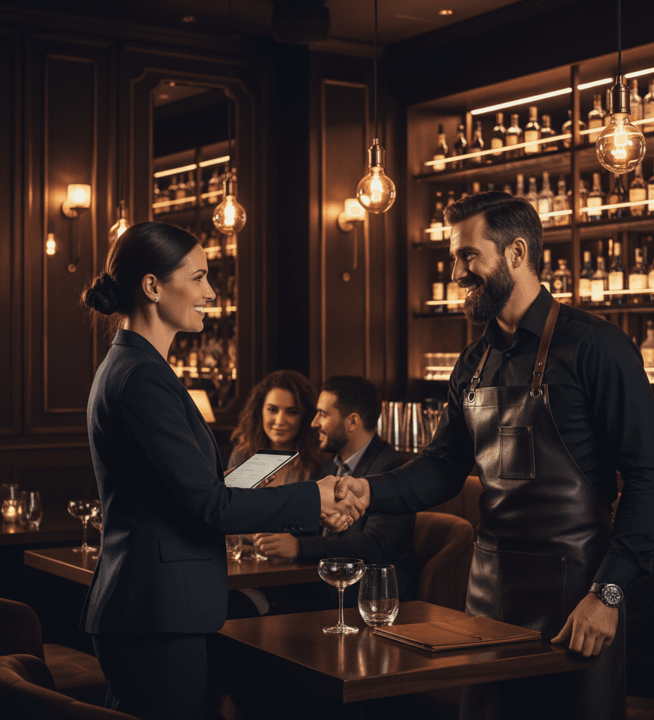 Restaurant consultant shaking hands with bar manager